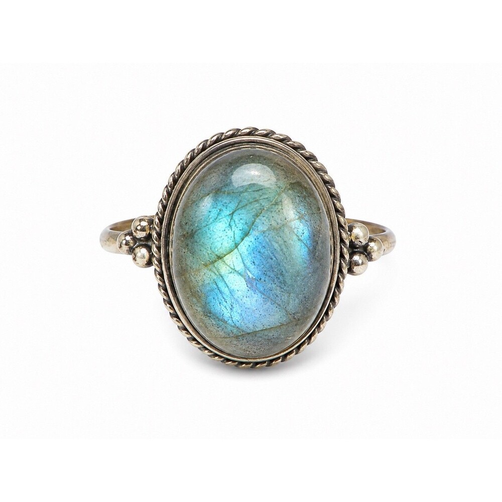 Vintage Labradorite Ring Silver Tone Oval Cabochon Boho Artisan Statement 9.5